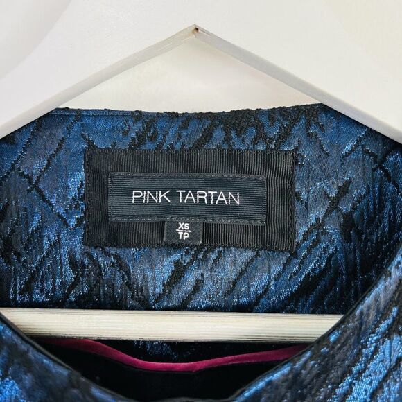Pink Tartan Metallic Blue Collarless Jacquard Swing Coat - Picture 7 of 8